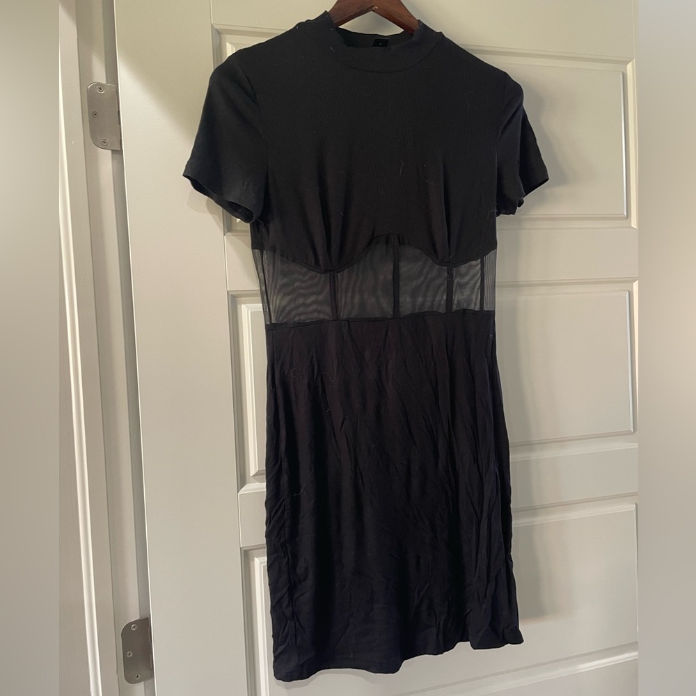 SHEIN Black Ribbed Knit Sheer Dress